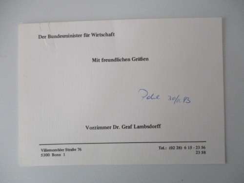AUTOGRAPHED / SIGNED -  DR. OTTO GRAF LAMBSDORFF  GERMAN POLITICIAN
