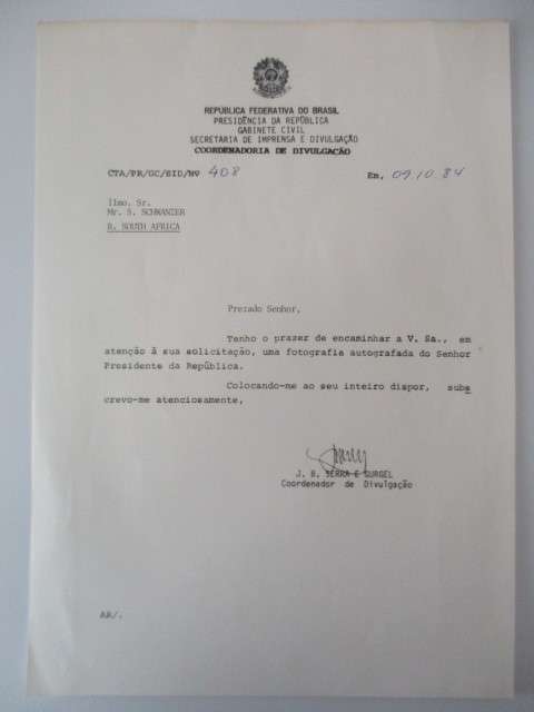 AUTOGRAPHED / SIGNED - JOAO FIGUEIREDO  - PRESIDENT OF BRASIL 1984 AND LETTER