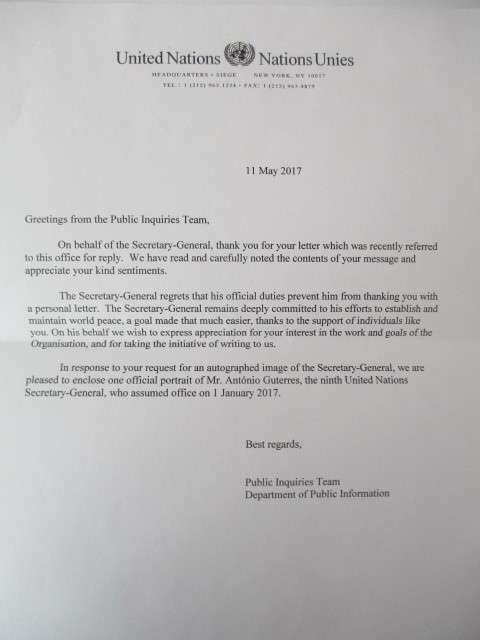 AUTOGRAPHED / SIGNED -  FORMER SECRETARY OF THE UNITED NATIONS ANTONIO GUTERRES