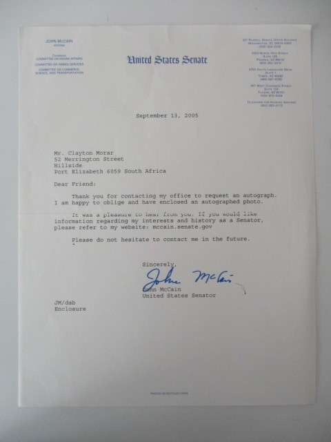 AUTOGRAPHED / SIGNED  - LETTER JOHN MCCAIN  AND PHOTOGRAPH