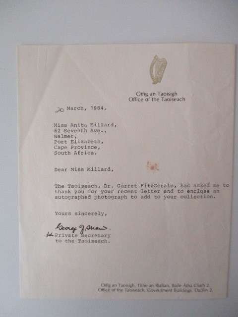 AUTOGRAPHED / SIGNED - DR. GARRET FITZGERALD THE TAOISEACH  AND LETTER