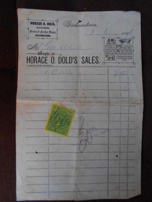 Antique Receipt Horace O. Dolds Sales 1891 time of the Boer War Queen Vic Stamp