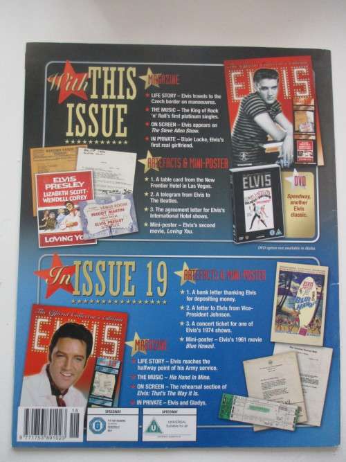 MINI ELVIS POSTER AND 3 COLLECTOR REPLICA ITEMS FROM ELVIS AND MAGAZINE