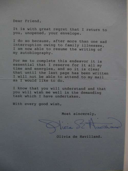 OLIVIA DE HAVILLAND SIGNED LETTER AND CIGARETTE CARD