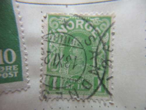 NORWAY USED  1K LIGHT GREEN KING HAAKON 1911 USED MOUNTED STAMP