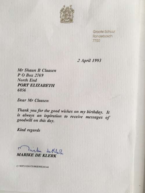 LOVELY MARIKE DE KLERK LOT WIFE OF FORMER PRESIDENT DE KLERK INCLUDING AUTOGRAPH