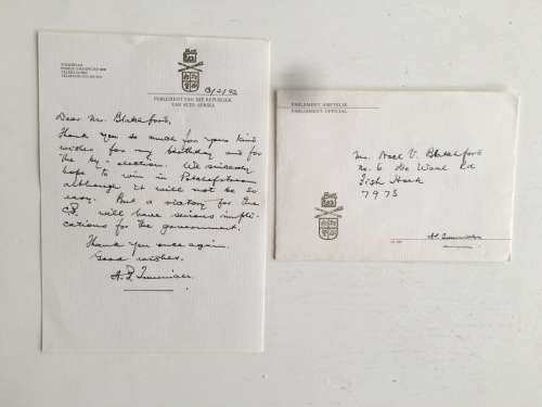 LOVELY LOT OF DR BRAND FOURIES AMBASSADOR TO USA AND UN  AND HAND WRITTEN LETTER  ANDRIES TREURNICHT