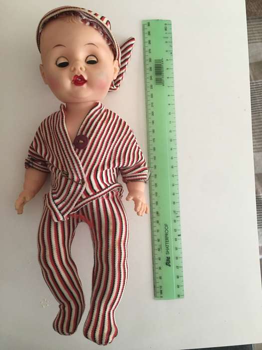 VINTAGE BABY RUBBER TYPE DOLL WITH ORIGINAL CLOTHES MOVING EYES AND LETTER  J ON NECK