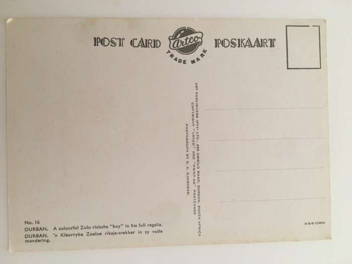VINTAGE POSTCARD ZULU RICKSHA - DURBAN