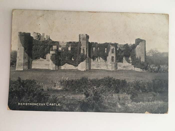 VINTAGE TO ANTIQUE POSTCARD - HERSTMONCEUX CASTLE - WITH OLD  STAMP