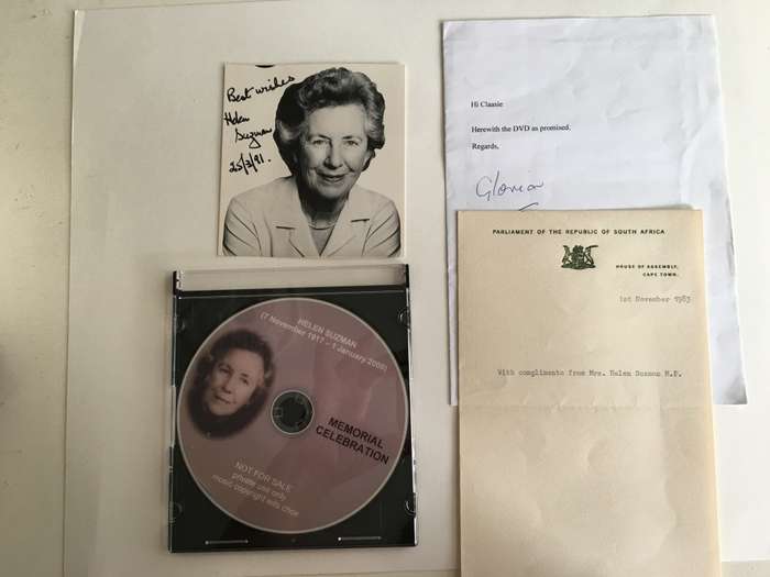 LOVELY AUTOGRAPH OF HELEN SUZMAN - 1917-2009 AND CD