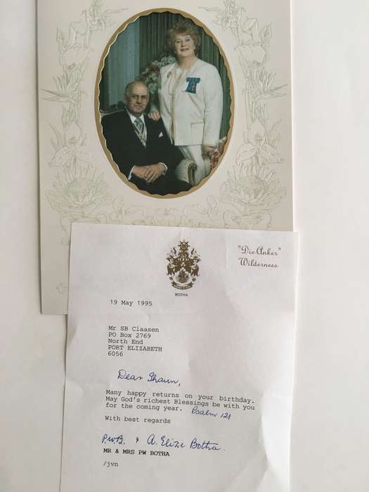 PAST PRESIDENT PW BOTHA CHRISTMAS CARD AND LETTER OF MRS ELIZE BOTHA