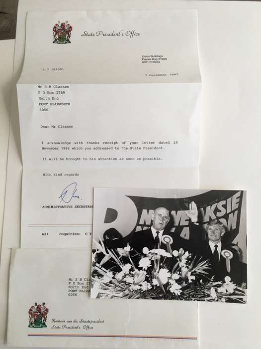 LOVELY LETTER OF PAST PRESIDENT FW DE KLERK`` S  OFFICE AN PRESS PHOTO