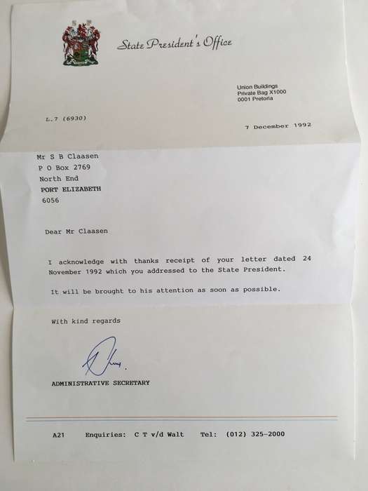 LOVELY LETTER OF PAST PRESIDENT FW DE KLERK`` S  OFFICE AN PRESS PHOTO
