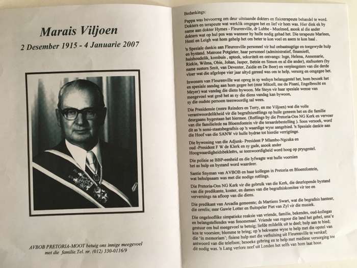 VINTAGE BURIAL PROGRAME AND PRESS PHOTO OF FORMER PRESIDENT MARAIS VILJOEN