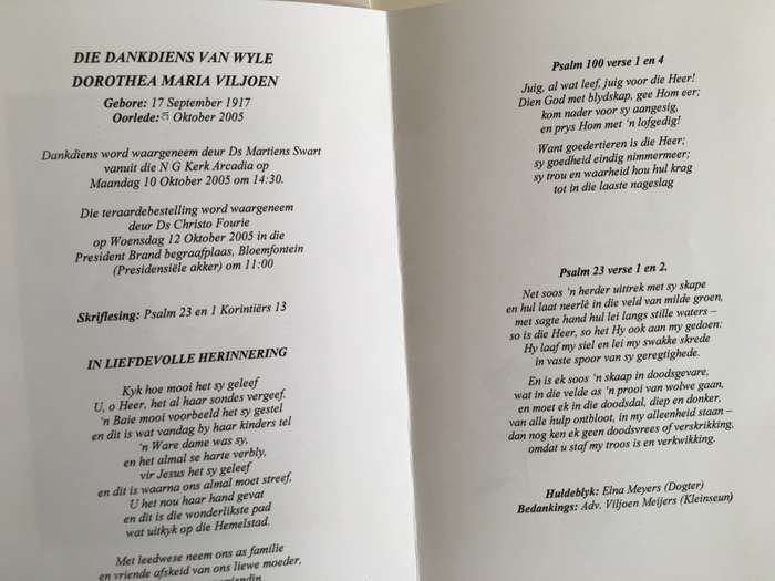 VINTAGE  BURIAL PROGRAMME OF FORMER WIFE OF FORMER PRESIDENT MARAIS VILJOEN AND LETTER AND CARD
