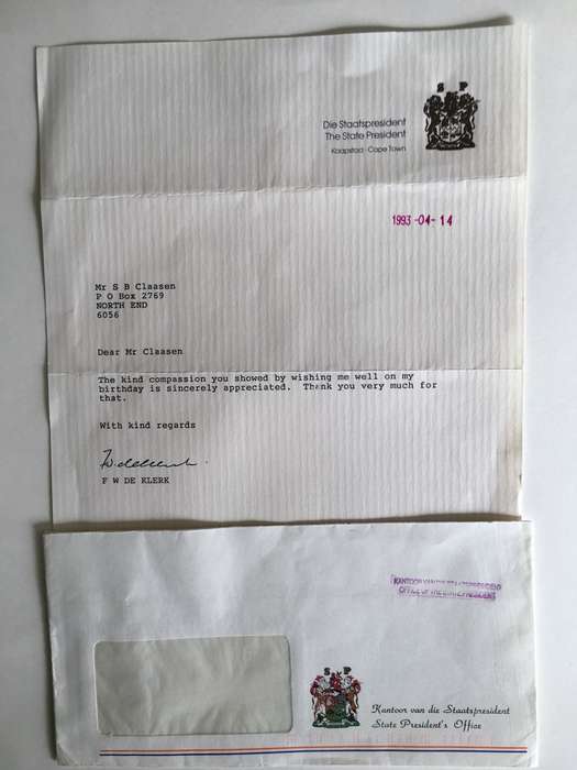 LOVELY LETTER OF FORMER PRESIDENT  FW DE KLERK SIGNED