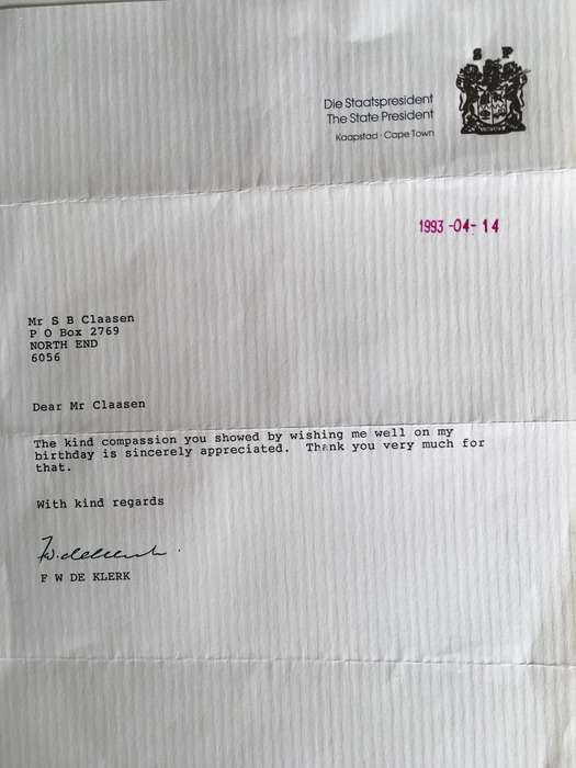 LOVELY LETTER OF FORMER PRESIDENT  FW DE KLERK SIGNED