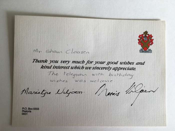 LOVELY VINTAGE AUTOGRAPH OF FORMER PRESIDENT MARAIS VILJOEN AND MRS VILJOEN AND  XMAS CARD