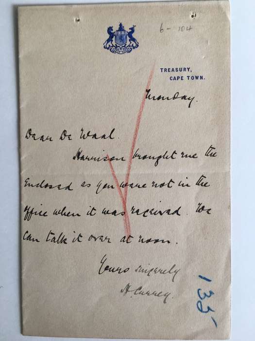 ANTIQUE LETTER  FROM HAROLD CURRY MINISTER OF FINANCE CAPE GOVERNMENT TO FREDERICK DE WAAL 1910