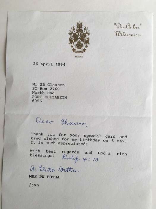 LOVELY AUTOGRAPHED CARD AND LETTER OF FORMER PRESIDENT PW. BOTHA AND MRS AND PRESS  PHOTO
