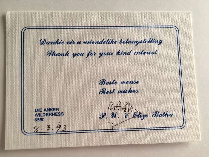 LOVELY  SIGNED THANK YOU CARD AND CHRISTMAS CARD OF FORMER PRESIDENT PW BOTHA