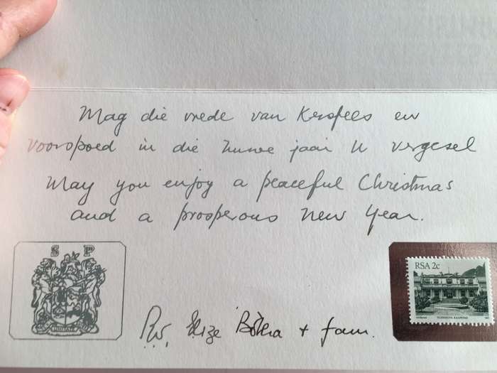 LOVELY  SIGNED THANK YOU CARD AND CHRISTMAS CARD OF FORMER PRESIDENT PW BOTHA