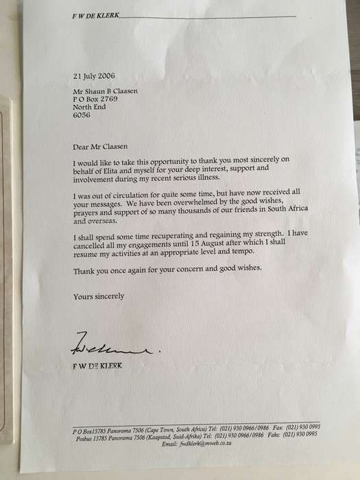 LOVELY VINTAGE LETTER AUTOGRAPHED BY FORMER PRESIDENT FW DE KLERK AND CARD -1994