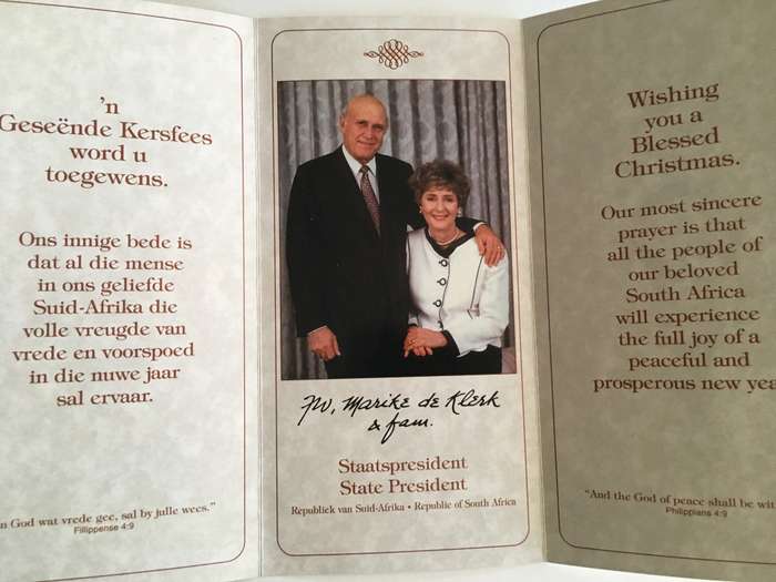 LOVELY VINTAGE LETTER AUTOGRAPHED BY FORMER PRESIDENT FW DE KLERK AND CARD -1994