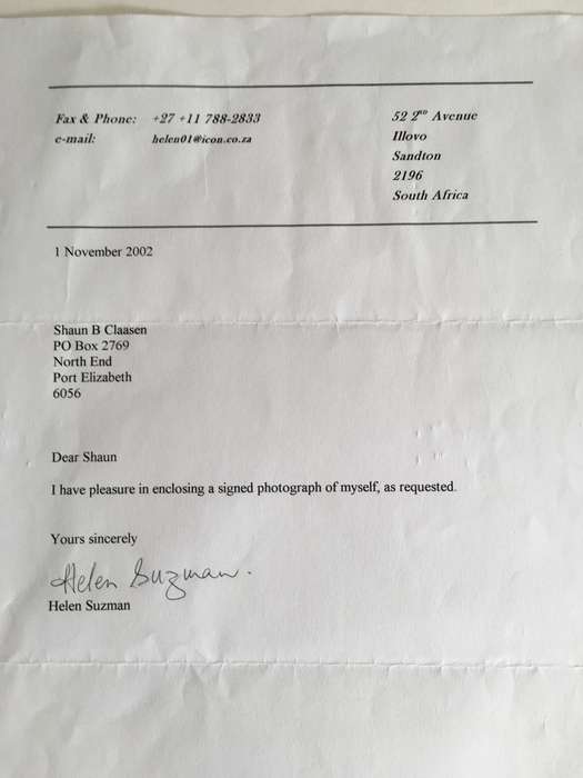 LOVELY HELEN SUZMAN AUTOGRAPHED PHOTO AND LETTER - 2002