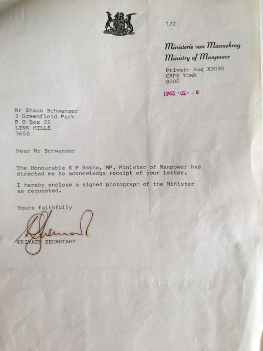 LOVELY VINTAGE  AUTOGRAPH OF FORMER MINISTER OF MANPOWER S.P. BOTHA  - 1983