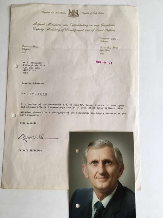 LOVELY  AUTOGRAPH AND LETTER FORMER MINISTER DEPUTY LAND AFFAIRS - 1985  B.H. WILKENS - 1985