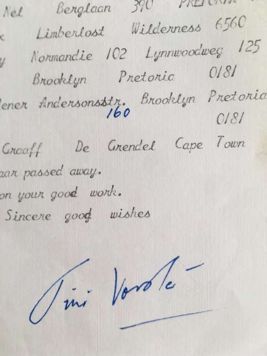 LOVELY LETTER  FROM FORMER PRESIDENT WIFE MRS TINI VORSTER 1983
