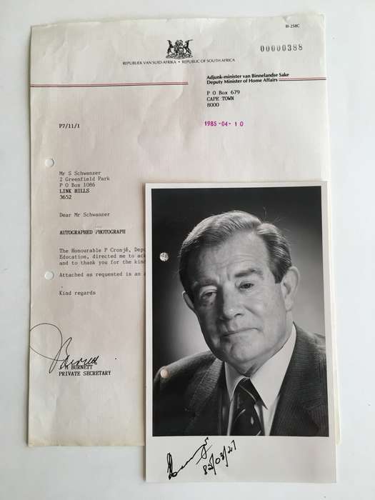 LOVELY VINTAGE AUTOGRAPH AND LETTER OF FORMER MINISTER P CRONJE - 1985