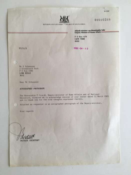 LOVELY VINTAGE AUTOGRAPH AND LETTER OF FORMER MINISTER P CRONJE - 1985