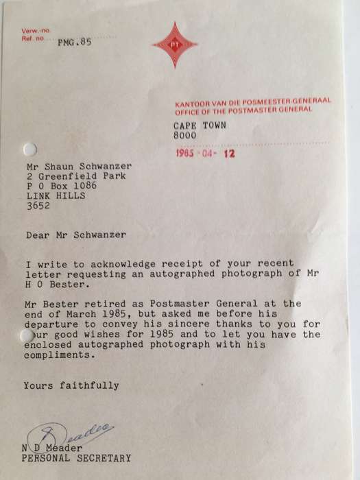 LOVELY AUTOGRAPH OF FORMER POSTMASTER GENERAL MR BESTER - 1985