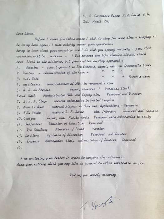 LOVELY LETTER FROM FORMER PRESIDENT WIFE MRS TINI VORSTER - 1984