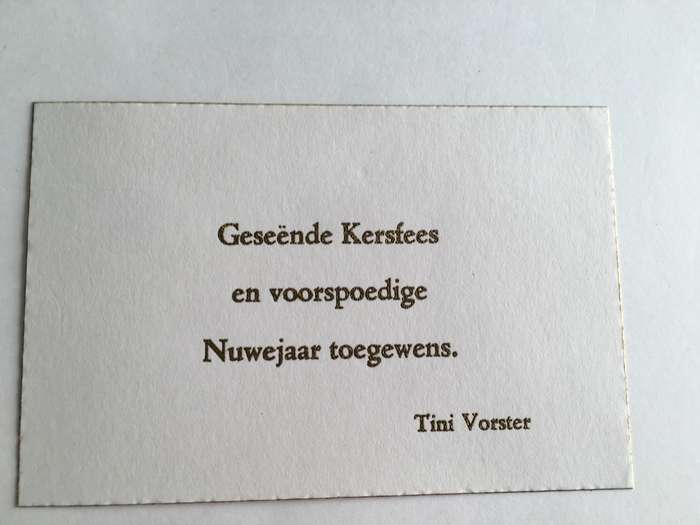 LOVELY THANK YOU CARD FROM FORMER PRESIDENT WIFE MRS TINI VORSTER