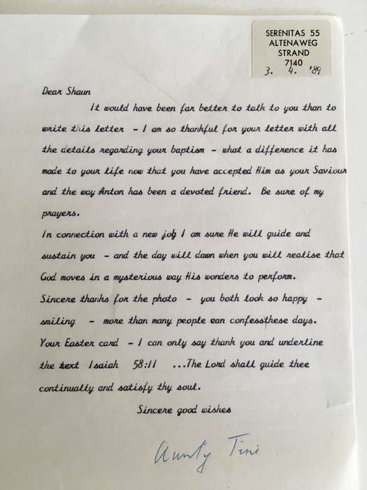 LOVELY LETTER FROM FORMER PRESIDENT WIFE MRS TINI VORSTER - 1989