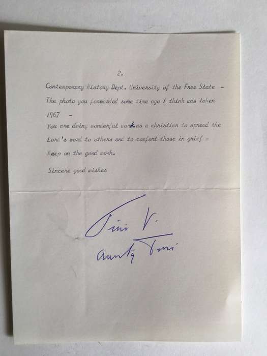 LOVELY VINTAGE LETTER FROM FORMER PRESIDENT WIFE MRS TINI VORSTER - 1988