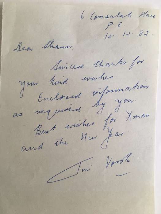 LOVELY HAND WRITTEN LETTER FROM FORMER PRESIDENT WIFE MRS TINI VORSTER - 1982