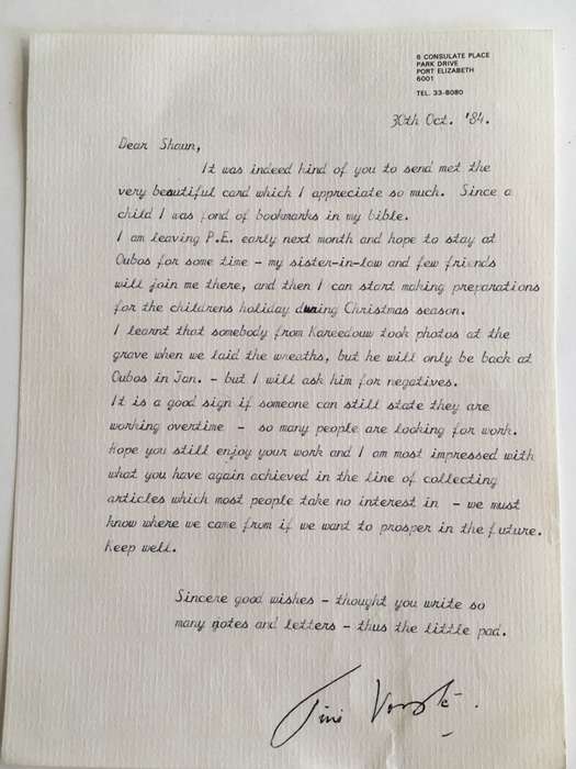 LOVELY VINTAGE LETTER FROM FORMER PRESIDENT WIFE MRS TINI VORSTER - 1984