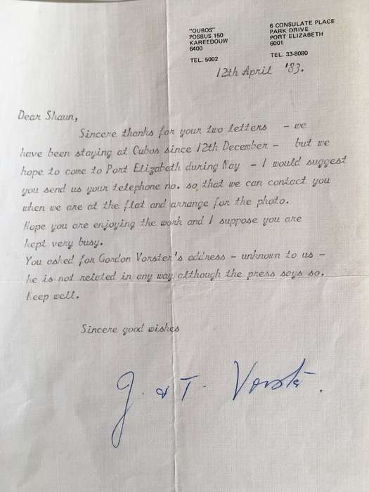 VINTAGE LETTER OF FORMER PRESIDENT WIFE MRS TINI VORSTER - 1983