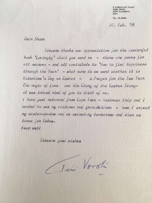 LOVELY LETTER FROM FORMER PRESIDENT WIFE MRS TINI VORSTER - 1986