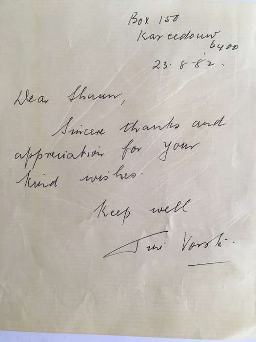 LETTER FROM FORMER PRESIDENT  WIFE MRS TINI VORSTER - 1982