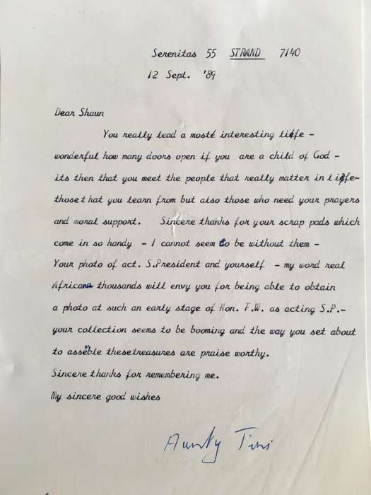 LETTER FROM FORMER PRESIDENT  WIFE MRS TINI VORSTER - 1989