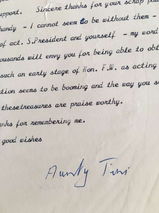 LETTER FROM FORMER PRESIDENT  WIFE MRS TINI VORSTER - 1989