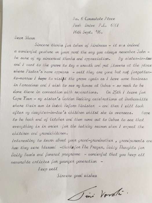 LETTER FROM FORMER PRESIDENT  WIFE MRS TINI VORSTER - 1986