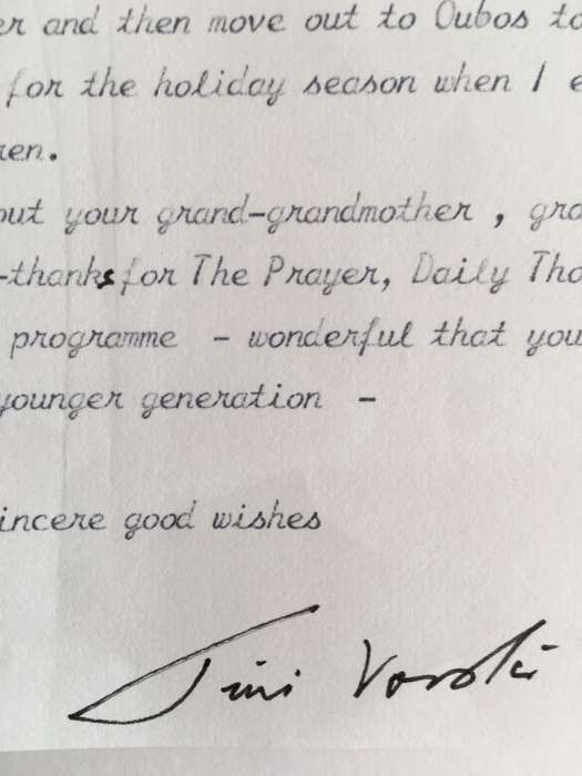 LETTER FROM FORMER PRESIDENT  WIFE MRS TINI VORSTER - 1986