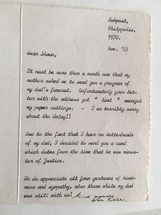 LETTER FROM FORMER PRESIDENT  WIFE MRS TINI VORSTER  AND CARD   83-85